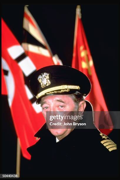 Actor Robert Mitchum, wearing military uniform, in publicity still for ABC TV mini-series The Winds of War.