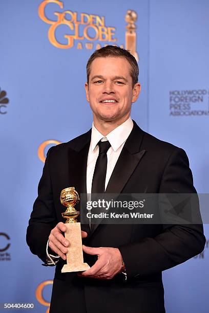 Actor Matt Damon, winner of Best Performance in a Motion Picture - Musical or Comedy for 'The Martian,' poses in the press room during the 73rd...