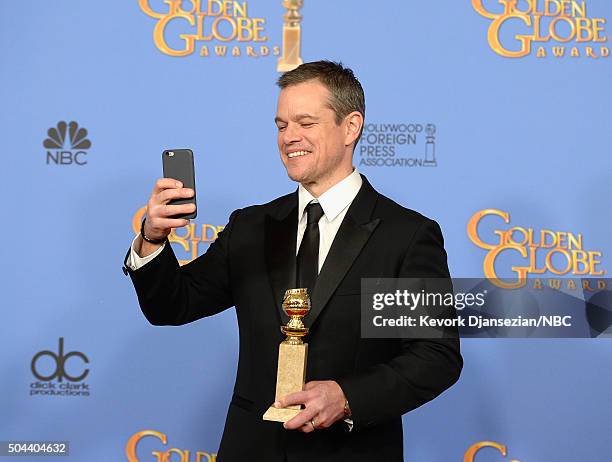 73rd ANNUAL GOLDEN GLOBE AWARDS -- Pictured: Actor Matt Damon, winner of the award for Best Performance by an Actor in a Motion Picture - Musical or...