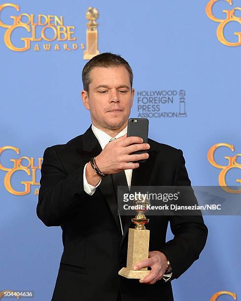 73rd ANNUAL GOLDEN GLOBE AWARDS -- Pictured: Actor Matt Damon, winner of the award for Best Performance by an Actor in a Motion Picture - Musical or...