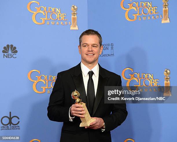 73rd ANNUAL GOLDEN GLOBE AWARDS -- Pictured: Actor Matt Damon, winner of the award for Best Performance by an Actor in a Motion Picture - Musical or...