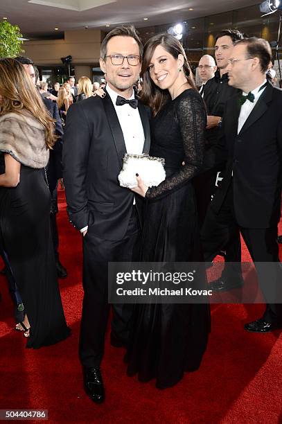 Actor Christian Slater and Brittany Lopez attend the 73rd Annual Golden Globe Awards held at the Beverly Hilton Hotel on January 10, 2016 in Beverly...