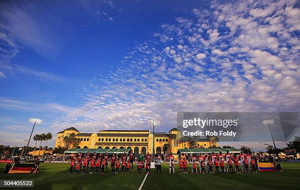 Players line up before the match between the Bayer Leverkusen and Indepediente Santa Fe at the ESPN Wide World of Sports Complex on January 10, 2016...