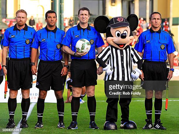 Referees line up before the match between the Bayer Leverkusen and Indepediente Santa Fe at the ESPN Wide World of Sports Complex on January 10, 2016...