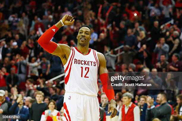 Dwight Howard of the Houston Rockets celebrates after the Rockets defeated the Indiana Pacers 107-103 in overtime during their game at the Toyota...