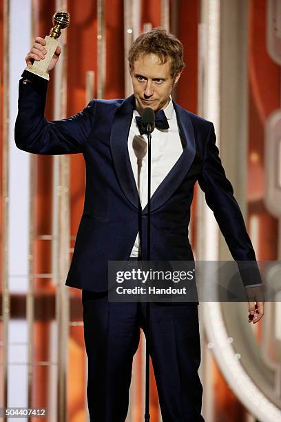 In this handout photo provided by NBCUniversal, Laszlo Nemes accepts the awards for Best Motion Picture, Foreign Language for "Son of Saul" onstage...