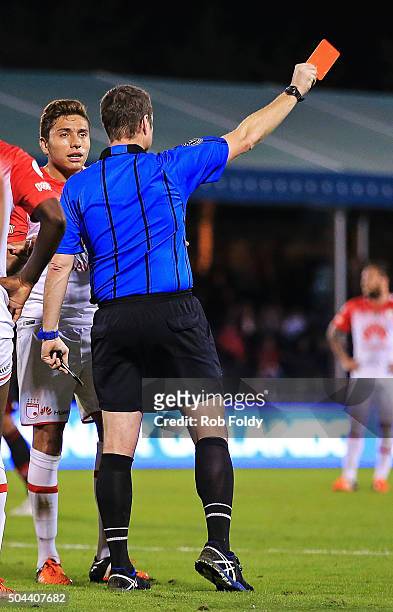 Sebastin Salazar of the Indepediente Santa Fe gets a red card during the match against Bayer Leverkusen at the ESPN Wide World of Sports Complex on...