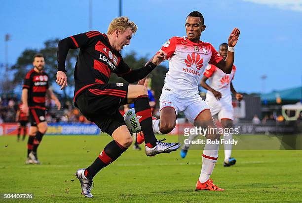 Julian Brandt of the Bayer Leverkusen in action against Ricardo Villarraga of the Indepediente Santa Fe during the match at the ESPN Wide World of...