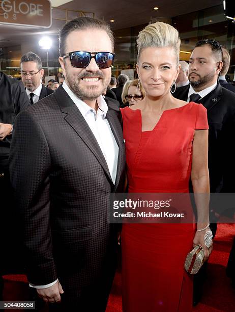 Host Ricky Gervais and Jane Fallon attend the 73rd Annual Golden Globe Awards held at the Beverly Hilton Hotel on January 10, 2016 in Beverly Hills,...