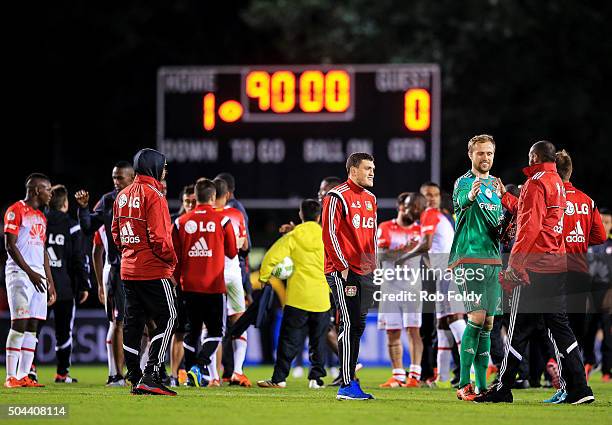 Bayer Leverkusen players celebrate after defeating Indepediente Santa Fe in the match at the ESPN Wide World of Sports Complex on January 10, 2016 in...