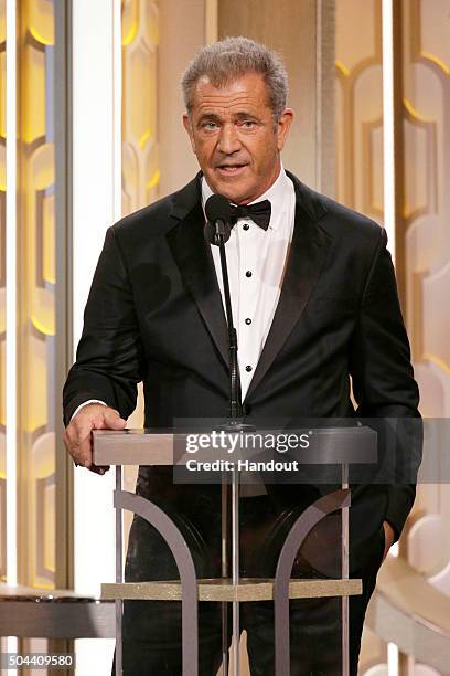 In this handout photo provided by NBCUniversal, Presenter Mel Gibson speaks onstage during the 73rd Annual Golden Globe Awards at The Beverly Hilton...