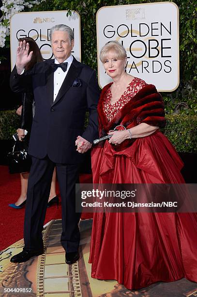 73rd ANNUAL GOLDEN GLOBE AWARDS -- Pictured: Musician Brian Wilson and Melinda Ledbetter arrive to the 73rd Annual Golden Globe Awards held at the...