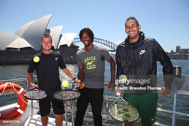 Lleyton Hewitt, Gael Monfils and Nick Kyrgios pose during the FAST4Tennis media opportunity on Sydney Harbour on January 11, 2016 in Sydney,...