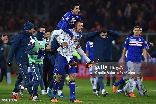 Emiliano Viviano and Citadin Martins Eder of UC Sampdoria celebrate victory at the end of the Serie A match between Genoa CFC and UC Sampdoria at...