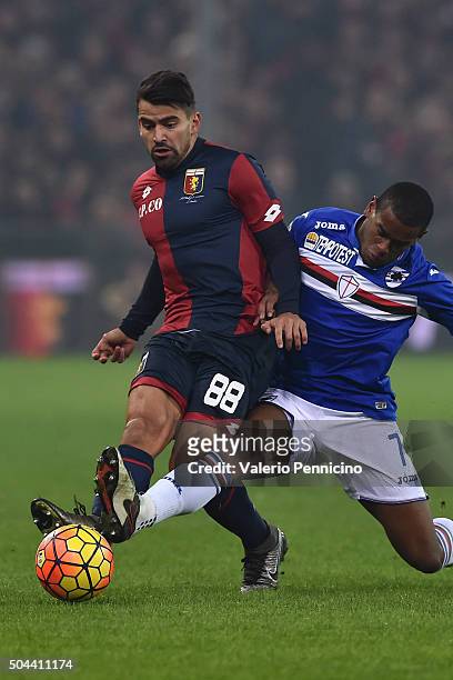 Tomas Rincon of Genoa CFC is tackled by Lucas Martins Fernando of UC Sampdoria during the Serie A match between Genoa CFC and UC Sampdoria at Stadio...