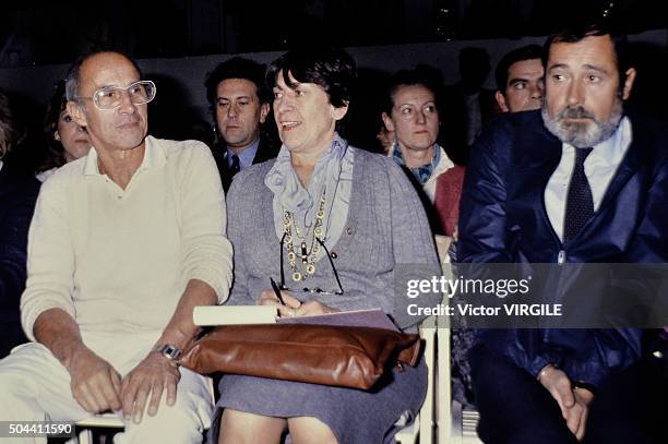 Fashion designer Andre Courreges, AFP fashion editor Jacqueline Claude and AFP photographer Pierre Guillot sitting in the front row during the...