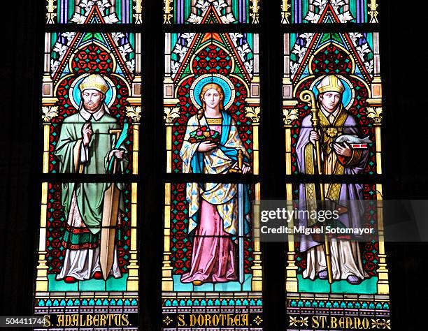 stained glass window of saint vitus catheral in prague - st vitus's cathedral stock pictures, royalty-free photos & images