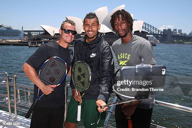 Lleyton Hewitt, Nick Kyrgios and Gael Monfils pose for a 'Selfie' during the FAST4Tennis media opportunity on Sydney Harbour on January 11, 2016 in...