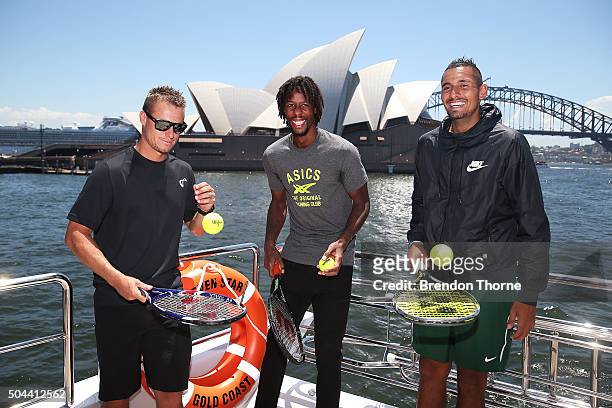 Lleyton Hewitt, Gael Monfils and Nick Kyrgios share a joke during the FAST4Tennis media opportunity on Sydney Harbour on January 11, 2016 in Sydney,...