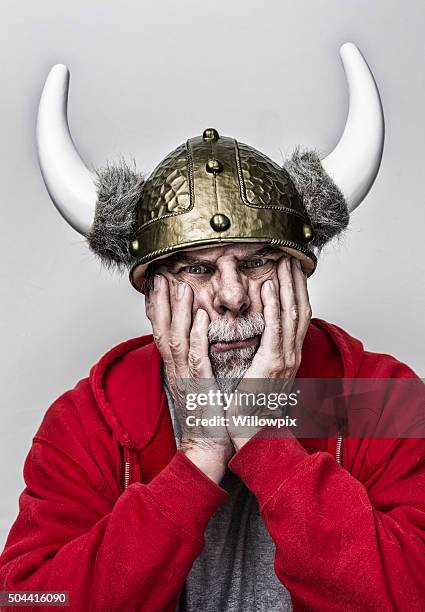 grubby horned helmet armor gray beard senior man - hairy old man stock pictures, royalty-free photos & images