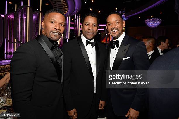 Actors Jamie Foxx, Denzel Washington and Will Smith attend the 73rd Annual Golden Globe Awards held at the Beverly Hilton Hotel on January 10, 2016...