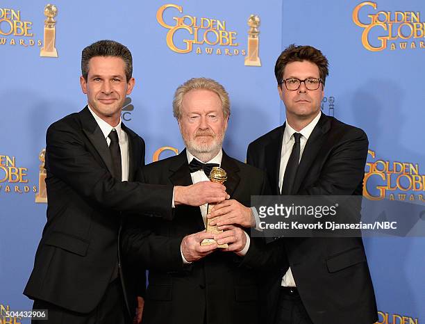 73rd ANNUAL GOLDEN GLOBE AWARDS -- Pictured: Producer Simon Kinberg, director/producer Ridley Scott and producer Michael Schaefer, winner of the...