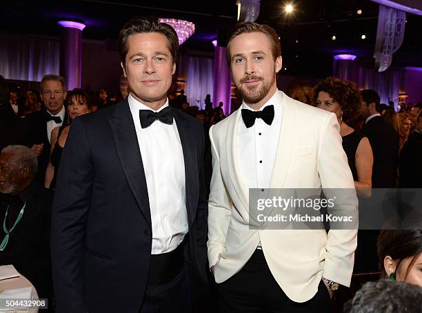 Actors Brad Pitt and Ryan Gosling attend the 73rd Annual Golden Globe Awards held at the Beverly Hilton Hotel on January 10, 2016 in Beverly Hills,...