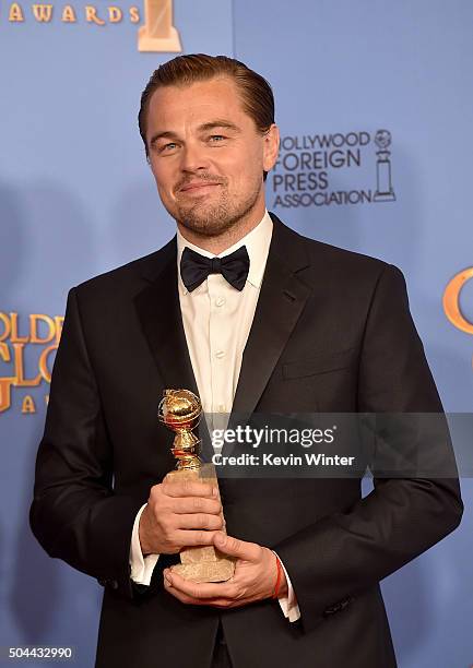 Actor Leonardo DiCaprio, winner of Best Performance in a Motion Picture - Drama for 'The Revenant,' poses in the press room during the 73rd Annual...