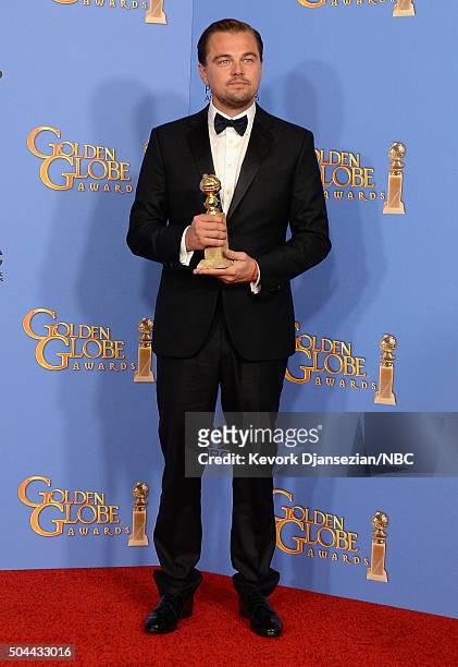73rd ANNUAL GOLDEN GLOBE AWARDS -- Pictured: Actor Leonardo DiCaprio, winner of the award for Best Performance by an Actor in a Motion Picture -...