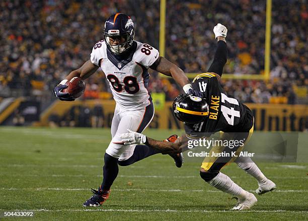 Demaryius Thomas of the Denver Broncos in action during the game against Antwon Blake of the Pittsburgh Steelers on December 20, 2015 at Heinz Field...