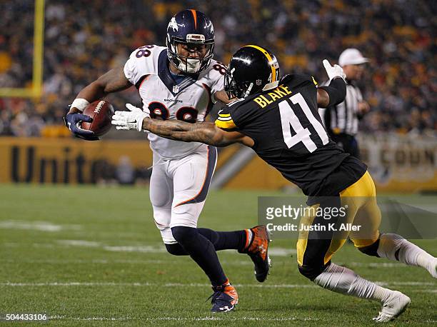 Demaryius Thomas of the Denver Broncos in action during the game against Antwon Blake of the Pittsburgh Steelers on December 20, 2015 at Heinz Field...