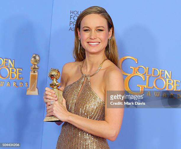 Actress Brie Larson, winner of Best Performance by an Actress in a Motion Picture - Drama for "The Room," poses in the press room during the 73rd...