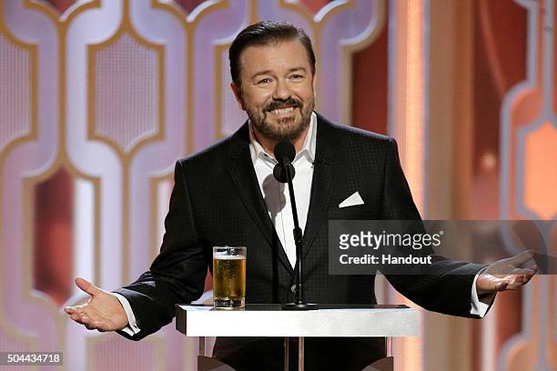 In this handout photo provided by NBCUniversal, Host Ricky Gervais speaks onstage during the 73rd Annual Golden Globe Awards at The Beverly Hilton...