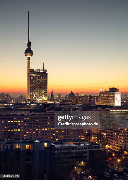 berlin cityscape with tv tower - communications tower sunset stock pictures, royalty-free photos & images