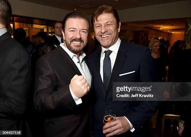 Host Ricky Gervais and actor Sean Bean attend HBO's Official Golden Globe Awards After Party at The Beverly Hilton Hotel on January 10, 2016 in...