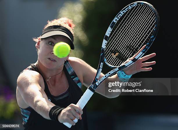 Bethanie Mattek-Sands of the United States plays a backhand in the women's single's match against Eugenie Bouchard of Canada during day two of the...