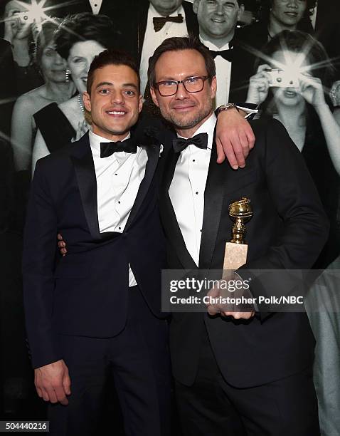 73rd ANNUAL GOLDEN GLOBE AWARDS -- Pictured: Actors Rami Malek and Christian Slater attend NBCUniversal's Golden Globes Post-Party Sponsored by...