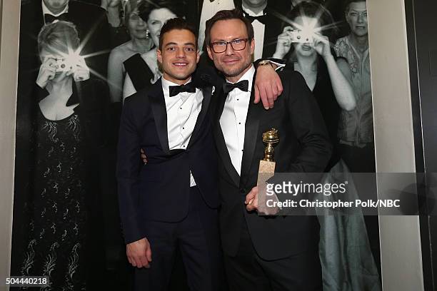 73rd ANNUAL GOLDEN GLOBE AWARDS -- Pictured: Actors Rami Malek and Christian Slater attend NBCUniversal's Golden Globes Post-Party Sponsored by...