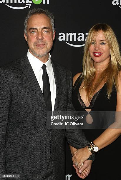 Actor Titus Welliver and wife Jose Stemkens attend Amazon Studios Golden Globes Party at The Beverly Hilton Hotel on January 10, 2016 in Beverly...