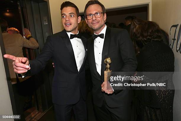 73rd ANNUAL GOLDEN GLOBE AWARDS -- Pictured: Actors Rami Malek and Christian Slater attend NBCUniversal's Golden Globes Post-Party Sponsored by...
