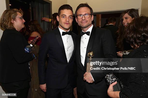 73rd ANNUAL GOLDEN GLOBE AWARDS -- Pictured: Actors Rami Malek and Christian Slater attend NBCUniversal's Golden Globes Post-Party Sponsored by...