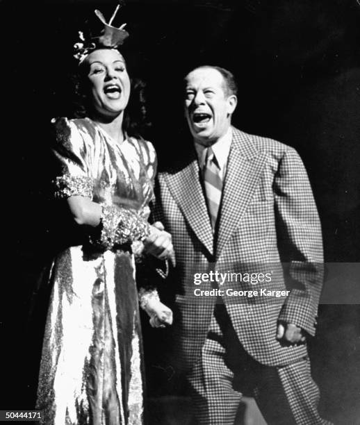 Musical stars Bert Lahr & Ethel Merman in a scene fr. The Broadway production of new musical DuBarry Was a Lady.