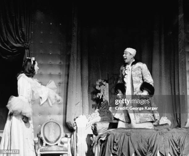 Musical stars Bert Lahr & Ethel Merman in a scene fr. The Broadway production of new musical DuBarry Was a Lady.