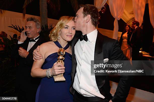 73rd ANNUAL GOLDEN GLOBE AWARDS -- Pictured: Actors Kate Winslet and Michael Fassbender attend NBCUniversal's Golden Globes Post-Party Sponsored by...