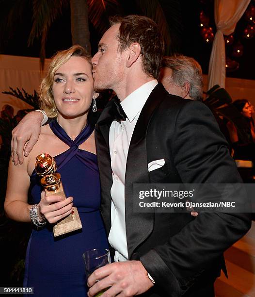 73rd ANNUAL GOLDEN GLOBE AWARDS -- Pictured: Actors Kate Winslet and Michael Fassbender attend NBCUniversal's Golden Globes Post-Party Sponsored by...