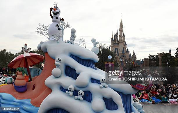 Olaf the Snowman, a Disney character of animation movie Frozen, performs on a float during the"Frozen Fantasy parade" at Tokyo Disneyland in Urayasu,...