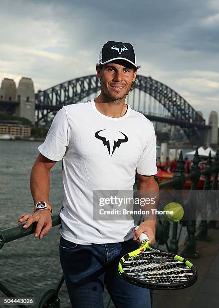 Rafael Nadal poses during the FAST4Tennis media opportunity at Circular Quay on January 11, 2016 in Sydney, Australia.