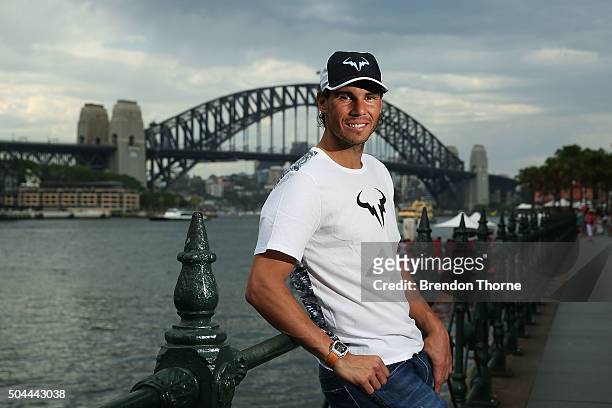 Rafael Nadal poses during the FAST4Tennis media opportunity at Circular Quay on January 11, 2016 in Sydney, Australia.