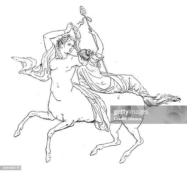 antique illustration of woman (bacchant) with female centaur - centaur stock illustrations