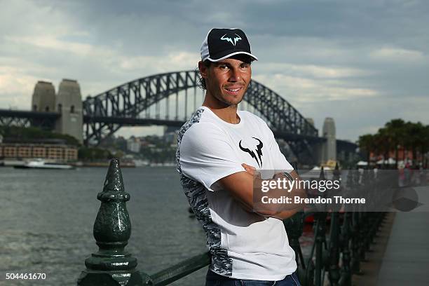 Rafael Nadal poses during the FAST4Tennis media opportunity at Circular Quay on January 11, 2016 in Sydney, Australia.